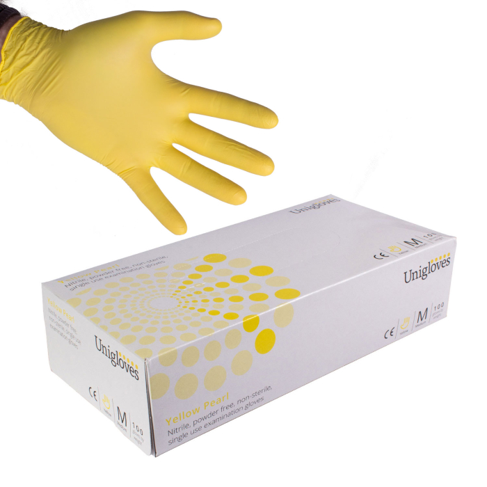 Box of 100 Unigloves Yellow Pearl nitrile gloves with yellow glove worn on hand above.