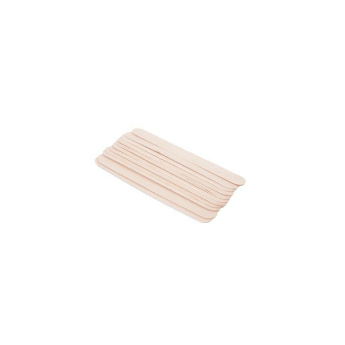 Pack of 100 wooden tongue depressors stacked evenly on a white background.