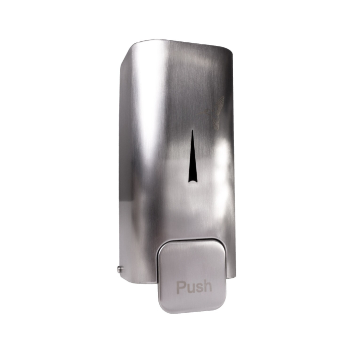 Le Viroscrub - Distributeur pour système de cartouche en acier inoxydable est un distributeur mural avec bouton poussoir "Push" visible et fenêtre verticale pour vérifier le niveau de liquide.