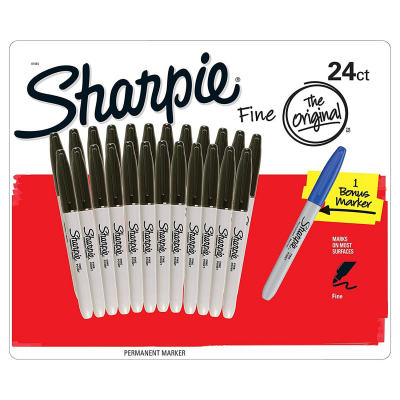 Caja de 24 Marcadores Sharpie Negros de Punta Fina Más 1 Azul