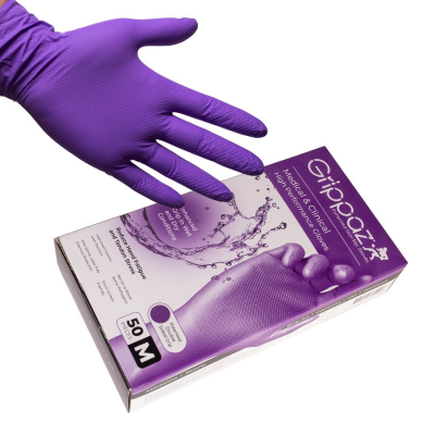 Caja de 50 Guantes Grippaz - Guantes antideslizantes de nitrilo de alto rendimiento (Violetas)