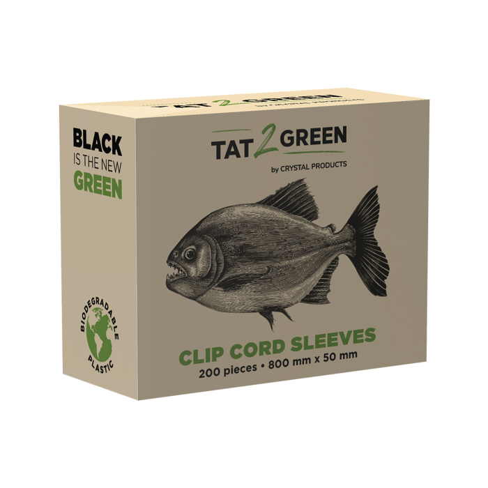 Une boîte beige étiquetée « Boîte de 200 Tat2Green - Gaines de Protection pour Clip Cord Pré-Découpés Noires », avec une illustration de poisson et la mention « Black is the New Green ». Fabriquée en plastique biodégradable, elle contient 200 gaines (800 