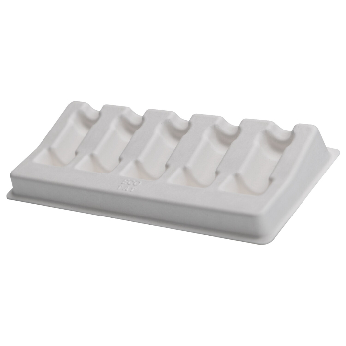 La Boite de 50 plateaux jetables pour cartouches ECOTAT est un plateau blanc biodégradable avec cinq compartiments pour organiser les objets, présenté sur un fond blanc uni.