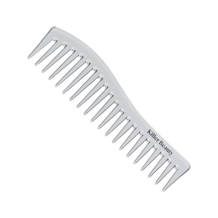 Un grand peigne métallique nommé « Grand peigne métallique Killer Beauty - Argent », avec le nom de la marque Killer Beauty sur une face, présenté sur un fond blanc.