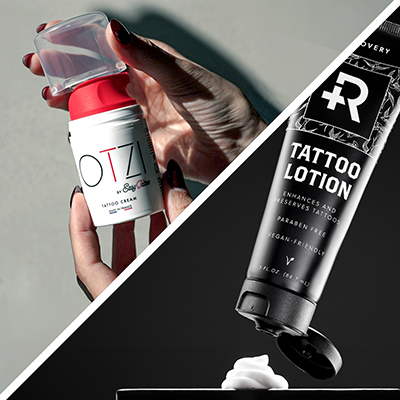 Primer plano de Otzi y Recovery Tattoo Lotion