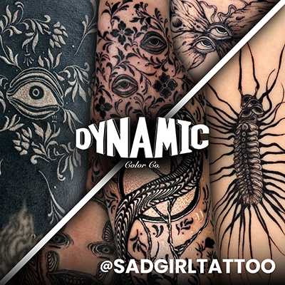 Un collage de tatuajes cicatrizados realizados con Dynamic Tattoo Ink por Sad Girl Tattoo (Jasper Jarvis)