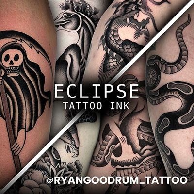 Un collage de tatuajes cicatrizados realizados con Eclipse Tattoo Ink por Ryan Goodrum