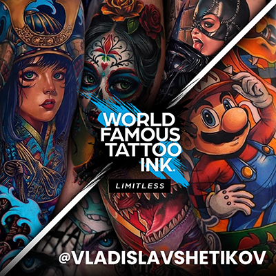 Un collage de tatuajes cicatrizados realizados con World Famous Tattoo Ink por Vladislav Shetikov