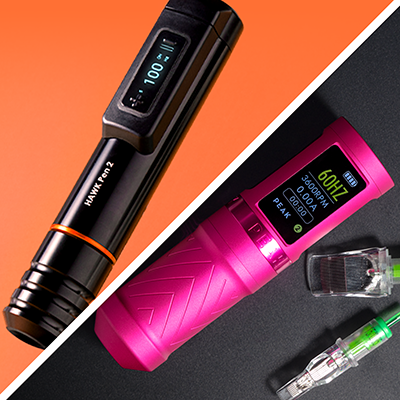 Una imagen dividida que muestra una Cheyenne HAWK Pen 2 negra sobre un fondo naranja y una máquina Peak Solice Pro 3 rosa con un cartucho al lado.