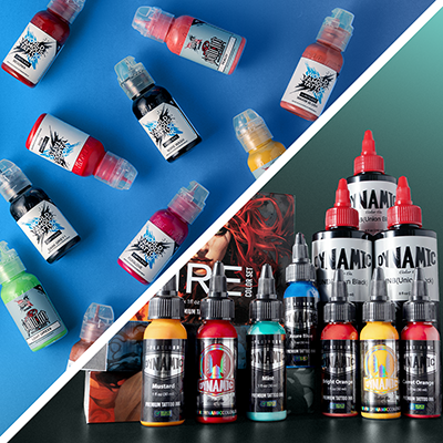Botellas de tintas para tatuajes World Famous Limitless y Dynamic sobre un fondo naranja y azul