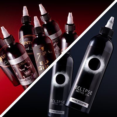 Botellas de tintas para tatuajes Panthera y Eclipse sobre un fondo rojo y azul