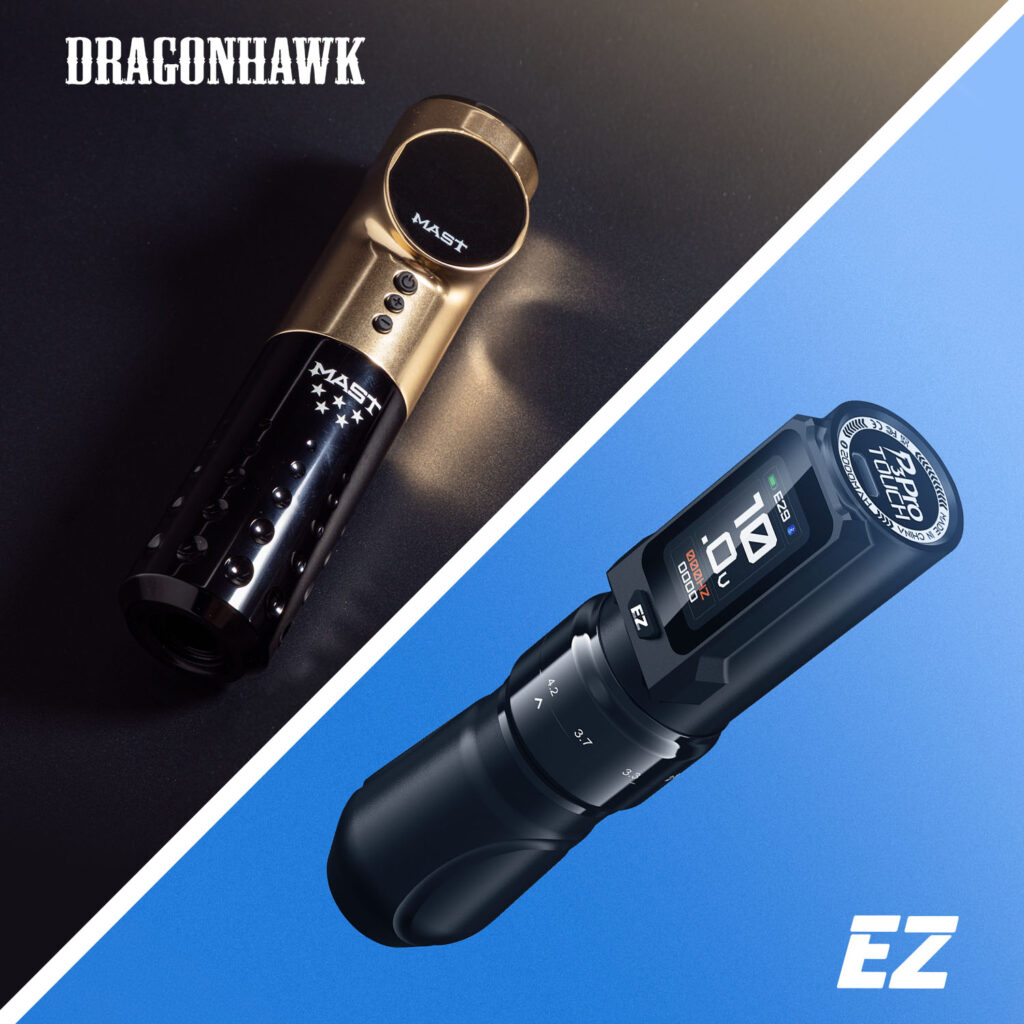 La máquina de tatuaje DragonHawk Mast con un fondo negro y la máquina de tatuaje EZ P3 Pro con un fondo azul.