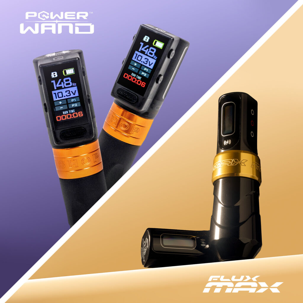 La máquina de tatuaje Bishop Power Wand con un fondo morado y la máquina de tatuaje FK Irons Flux Max con un fondo dorado.