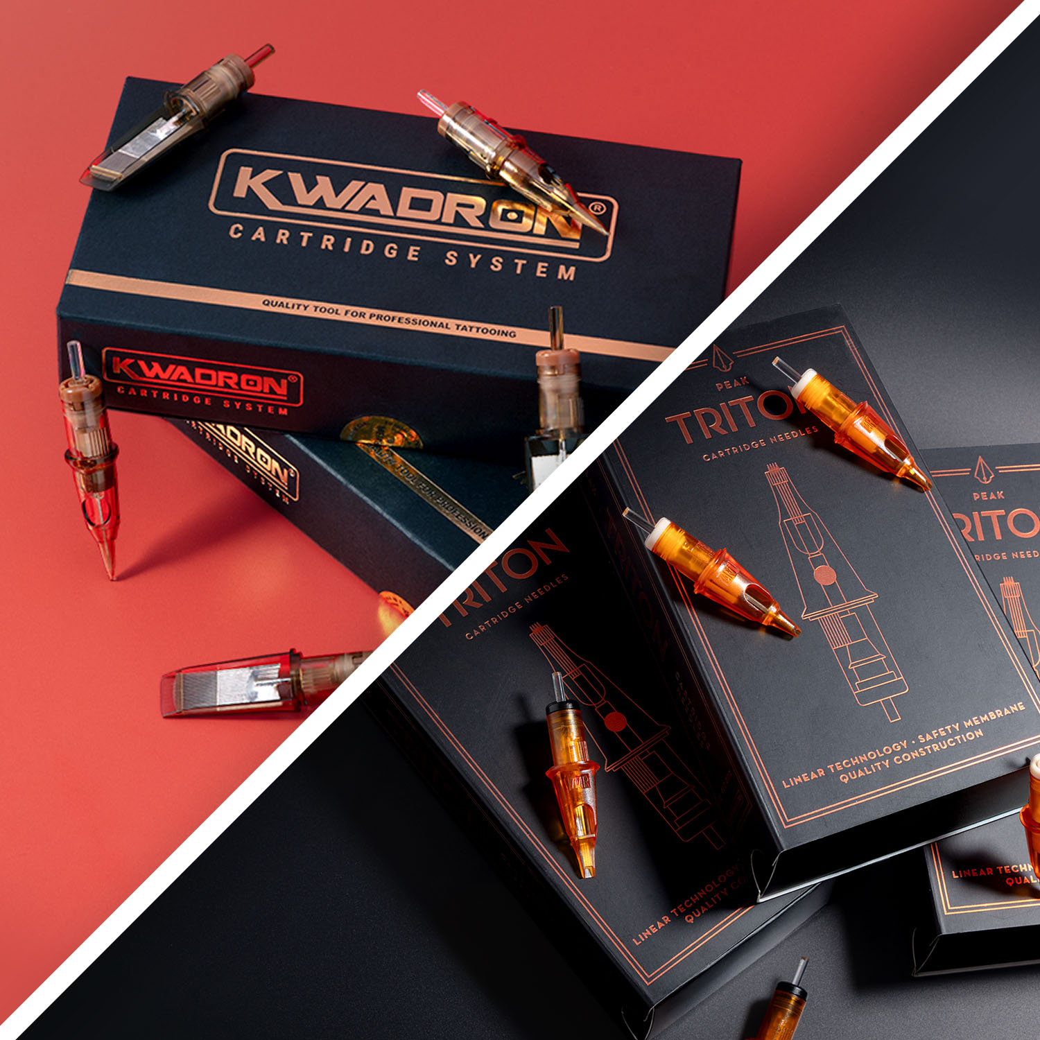 Cajas de cartuchos Kwadron y Peak Triton apiladas unas sobre otras