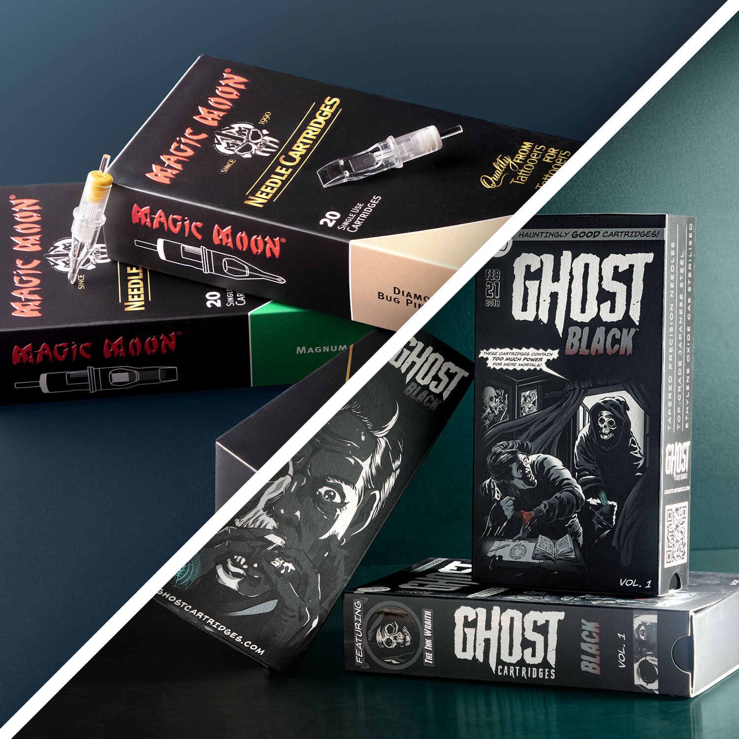 Cajas de cartuchos Magic Moon y Ghost apiladas unas sobre otras