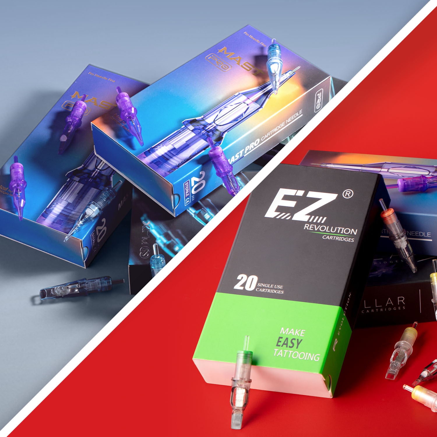Cajas de cartuchos Dragonhawk Mast Pro y EZ Revolution apiladas unas sobre otras