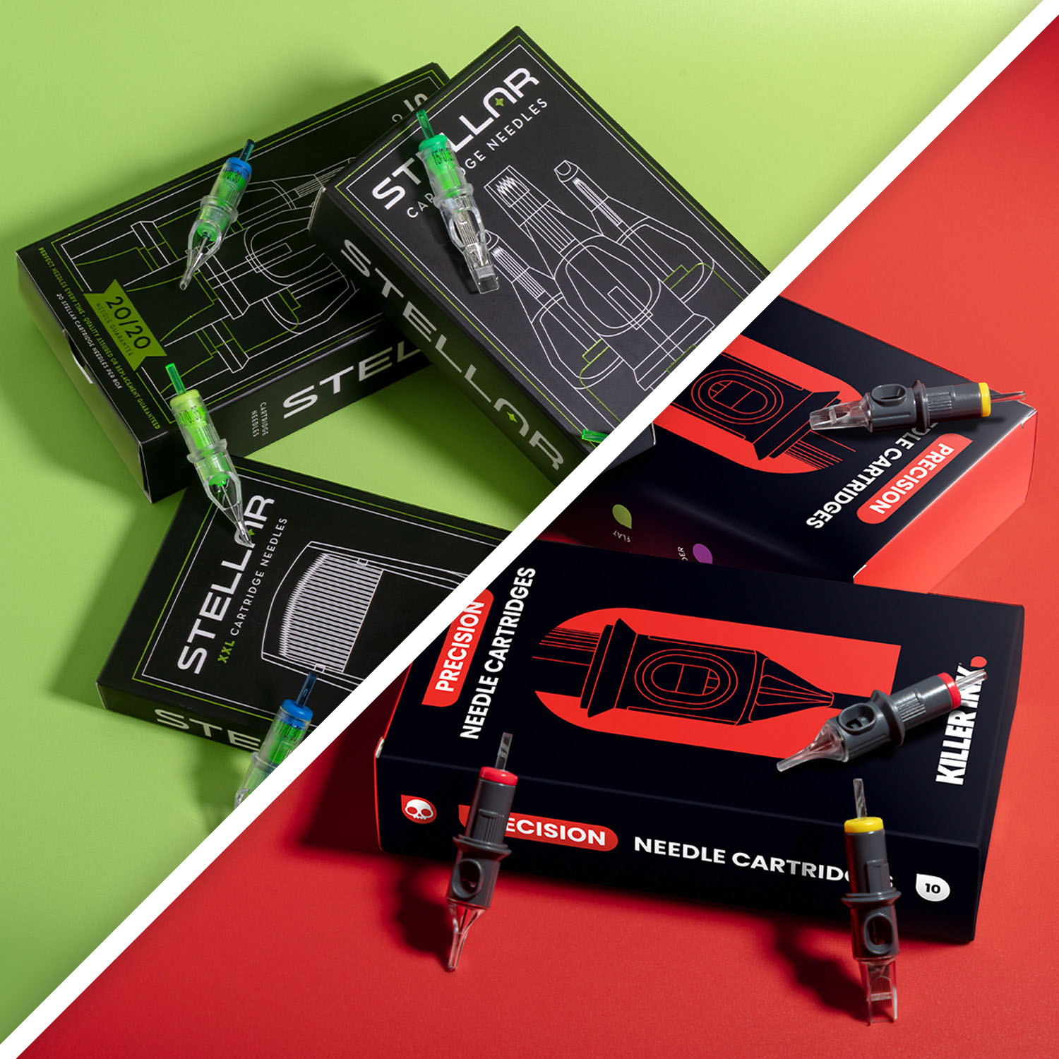 Cajas de cartuchos Peak Stellar y Killer Ink apiladas unas sobre otras