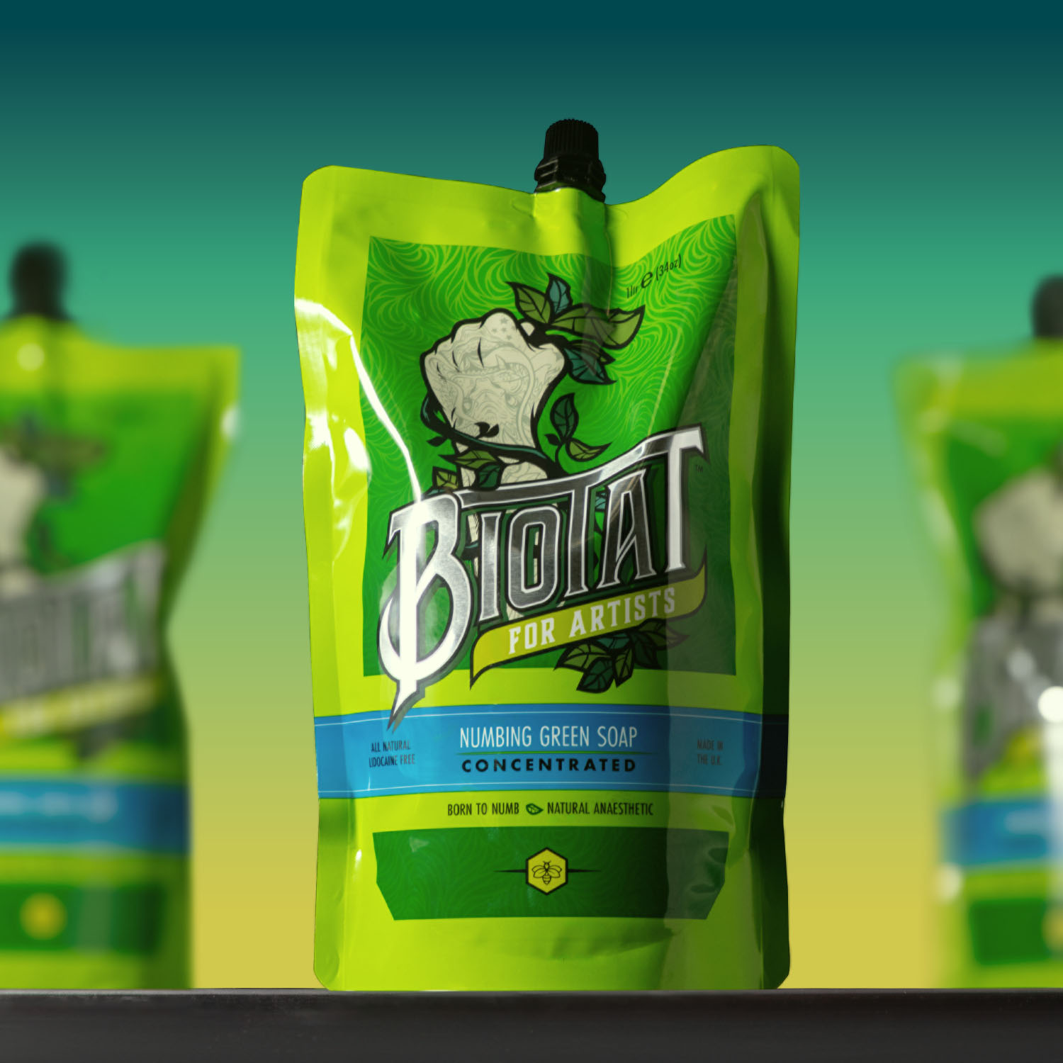 Primer plano del jabón verde anestésico Biotat