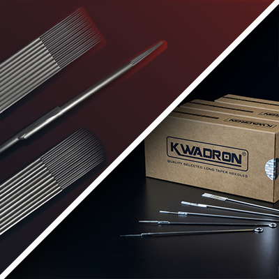 Una imagen dividida que muestra agujas Killer Ink y agujas Kwadron en varias configuraciones.