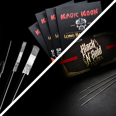 Una imagen dividida que muestra agujas Magic Moon y agujas Black N Gold en varias configuraciones.