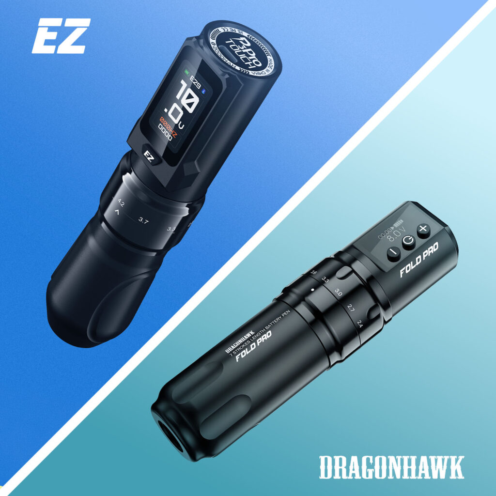 La máquina de tatuaje tipo pen EZ P3 Pro Touch y la Dragonhawk Fold Pro.